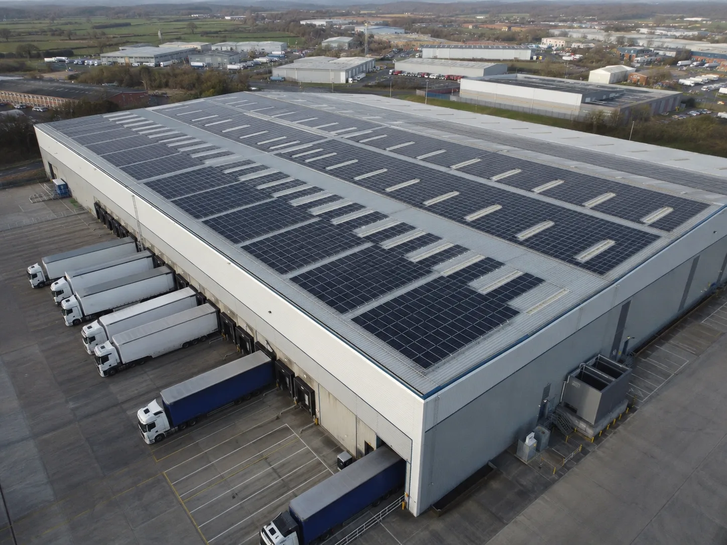 Commercial solar panel installation at a distribution site