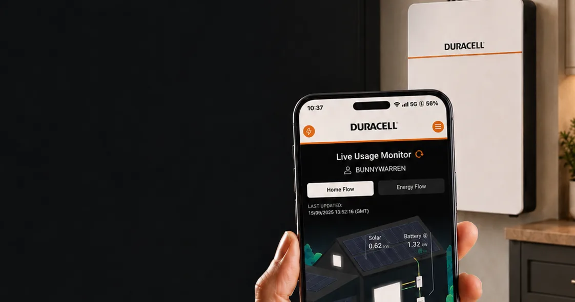 Duracell Energy app showing home generation and energy flow